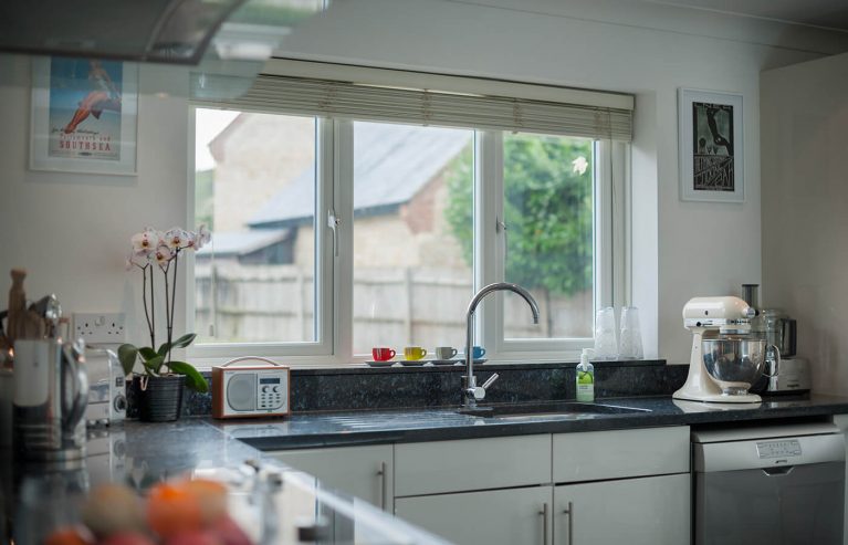 Interior view of uPVC casement windows in a kitchen