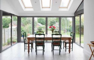 Interior view of a grey aluminium bifold door