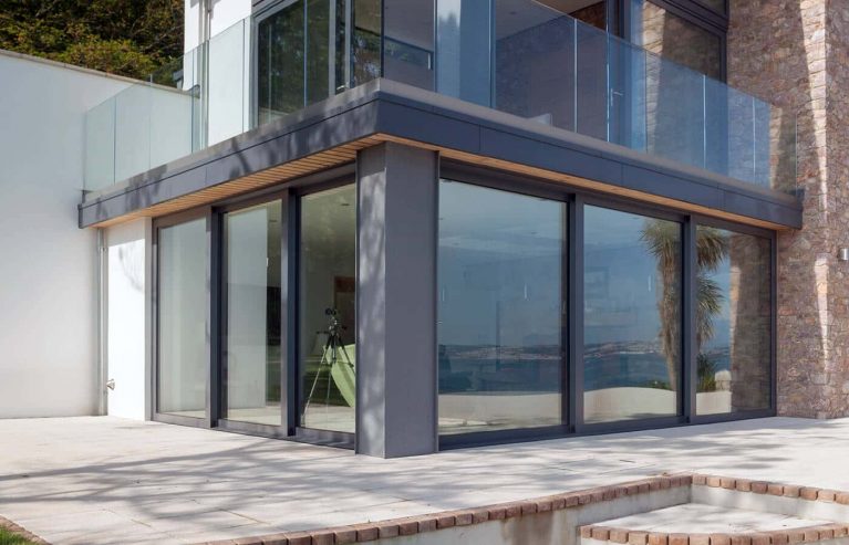 Large grey aluminium sliding patio doors